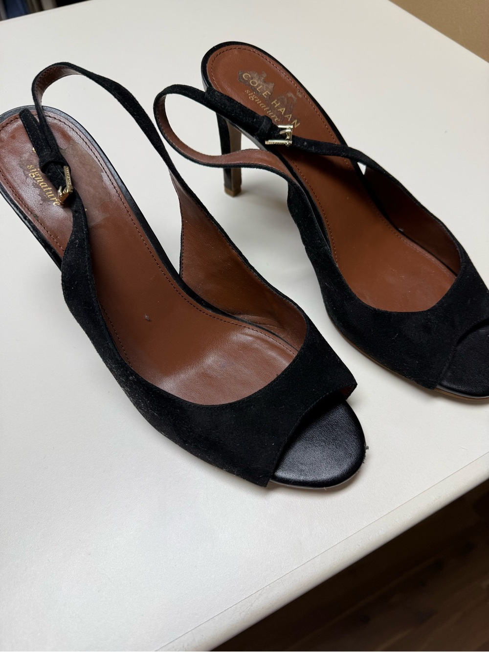 Cole Haan Black Suede Slingback Peep-Toe Heels